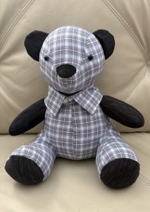 "memory bear example, plaid and black pattern"